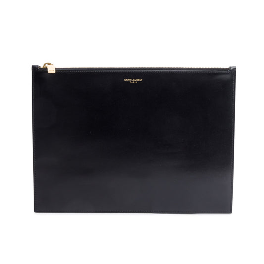 YSL Saint Laurent Smooth Zipped Document Holder Travel Bag Leather Black