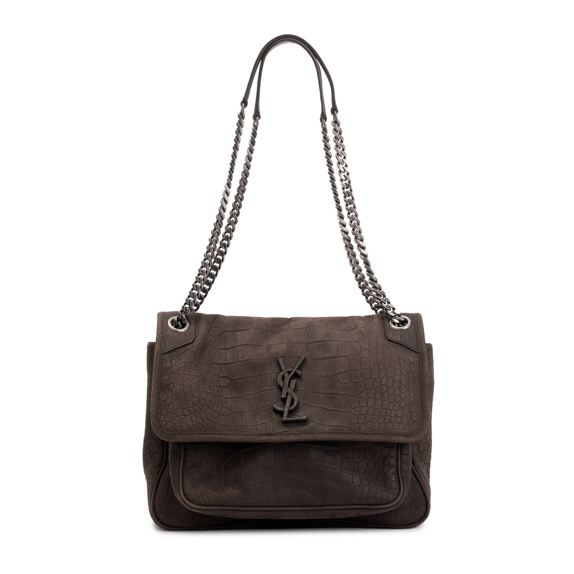 YSL Saint Laurent Crocodile Embossed Nubuck Niki Shoulder Bag Brown Medium