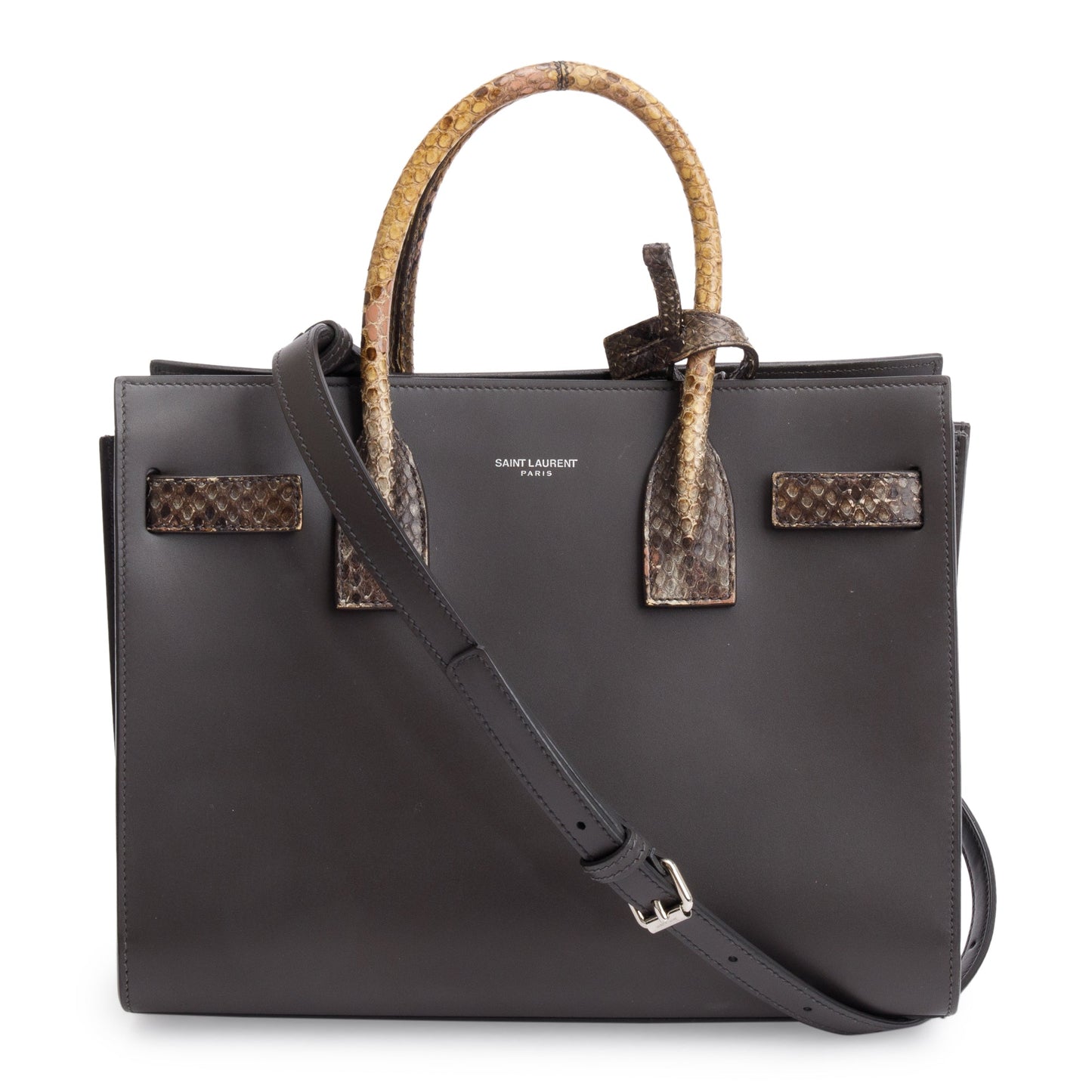 YSL Saint Laurent Grained Python Trim Baby Sac De Jour Leather Brown Travel Bag