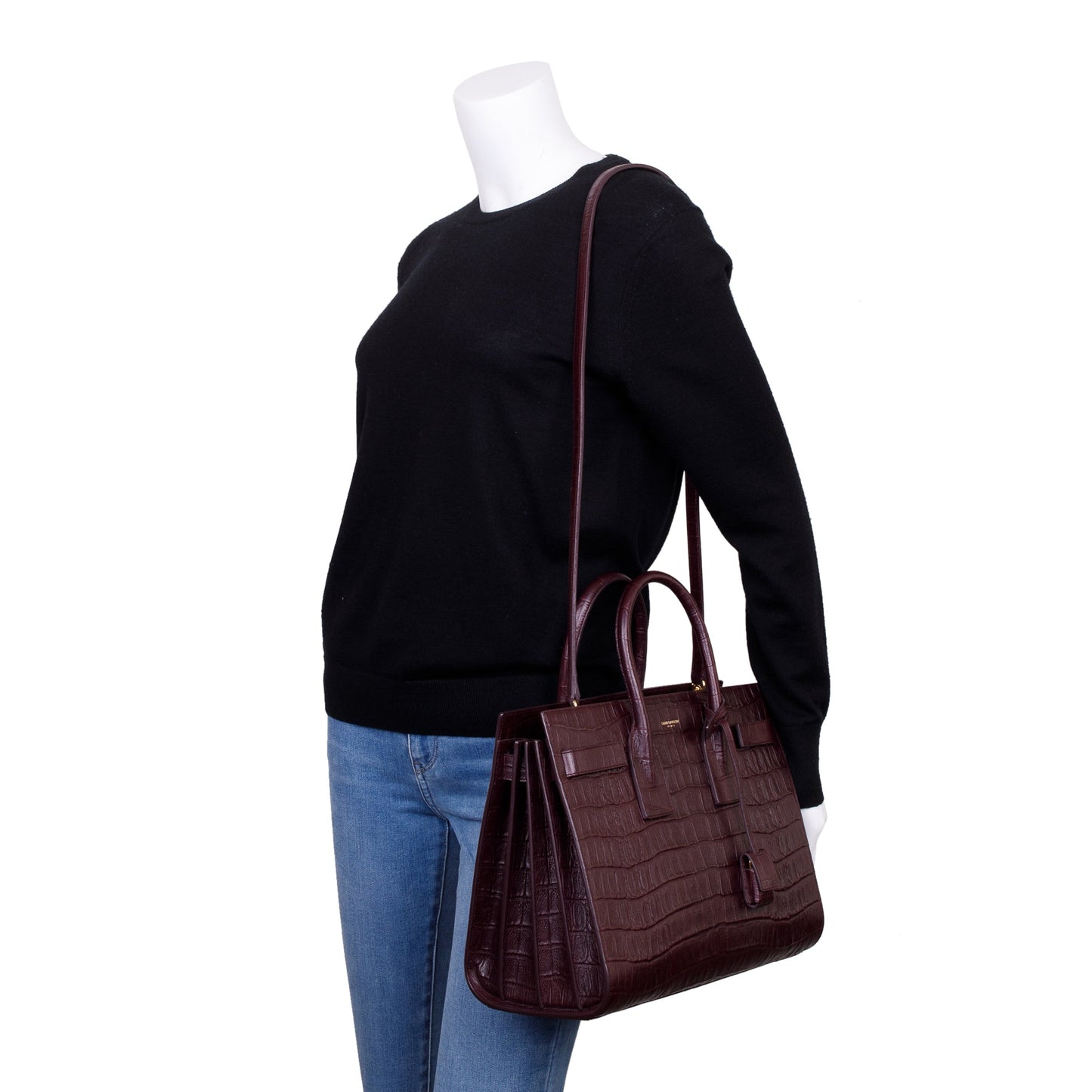 YSL Saint Laurent Burgundy Crocodile Embossed Calfskin Sac De Jour Small Travel Bag