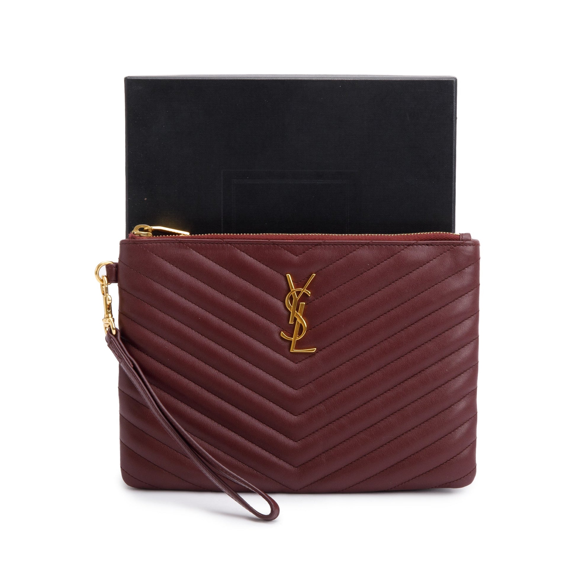 YSL Saint Laurent Burgundy Cassandre Pouch Travel Bag Leather Matelasse