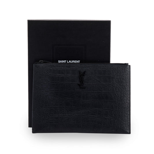 YSL Saint Laurent Croc Embossed Zip Pouch Travel Bag Monogram