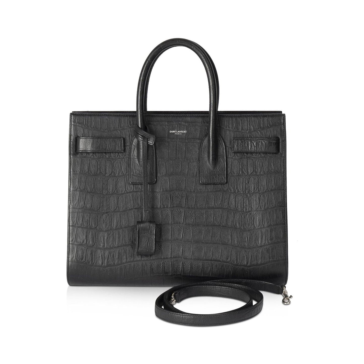 YSL Saint Laurent Embossed Crocodile Sac De Jour Travel Bag Small