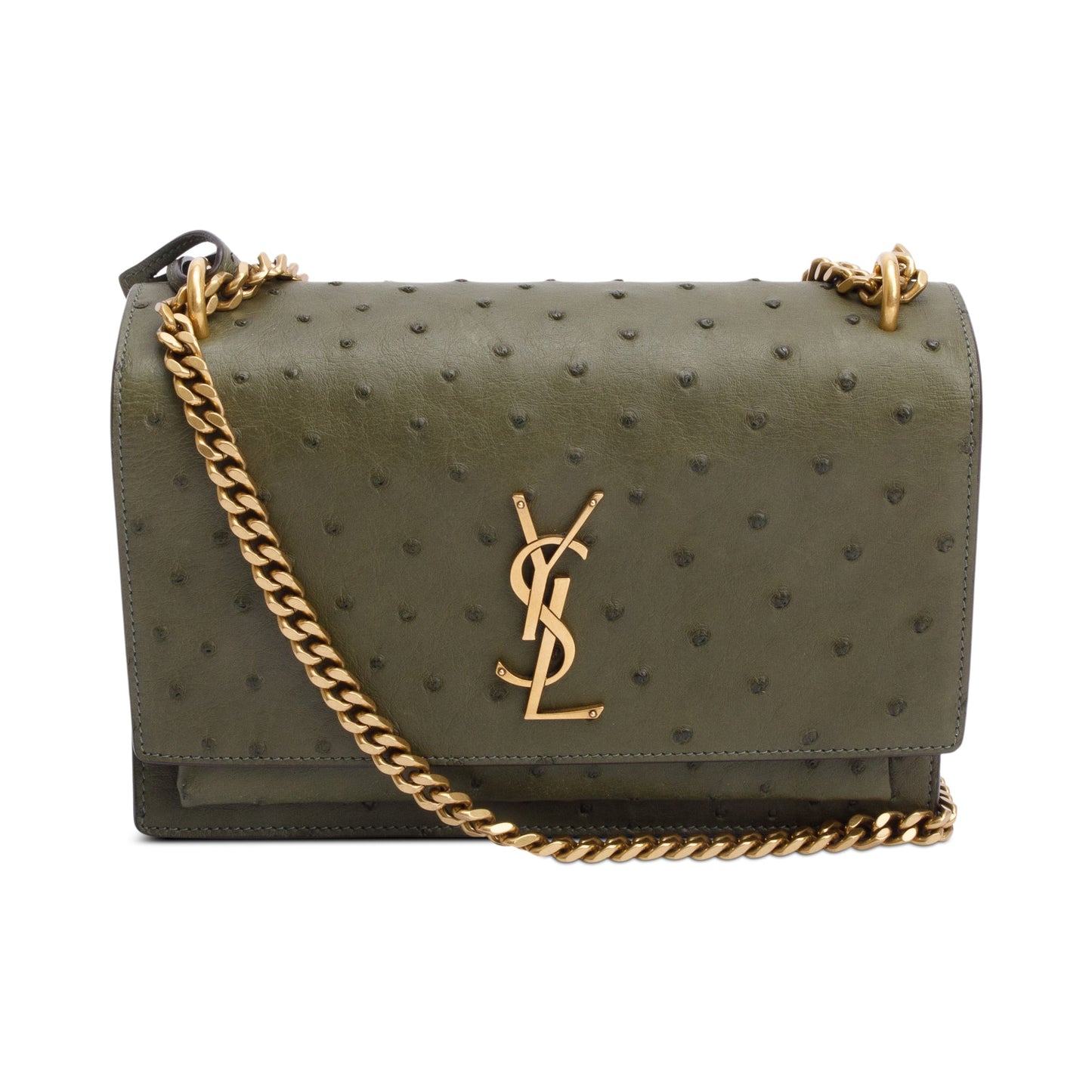 YSL Saint Laurent Ostrich Sunset Shoulder Bag Green Medium