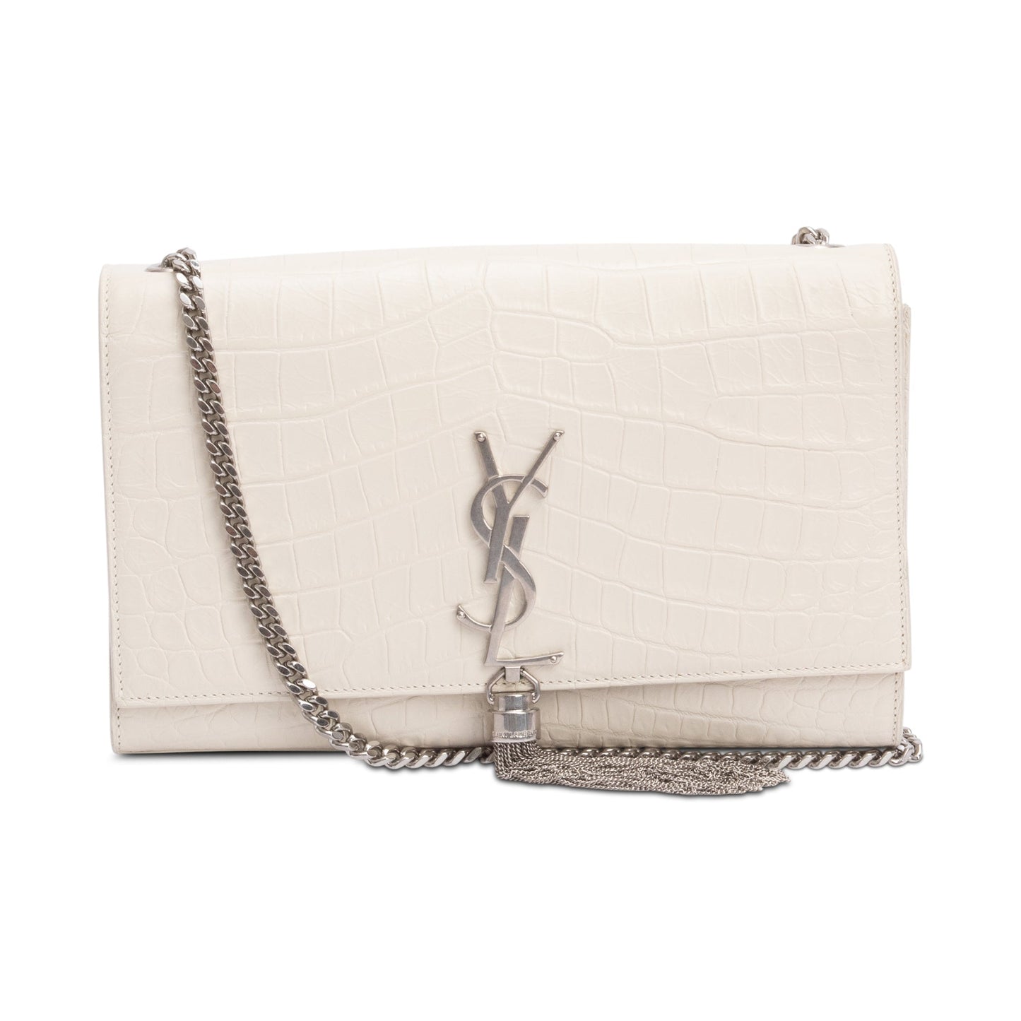 YSL Saint Laurent Ivory Crocodile Embossed Classic Kate Tassel Chain Leather Monogram Travel Bag