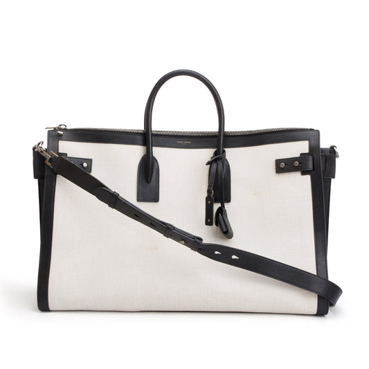 YSL Saint Laurent Linen Calfskin Souple Sac De Jour 48H Travel Bag