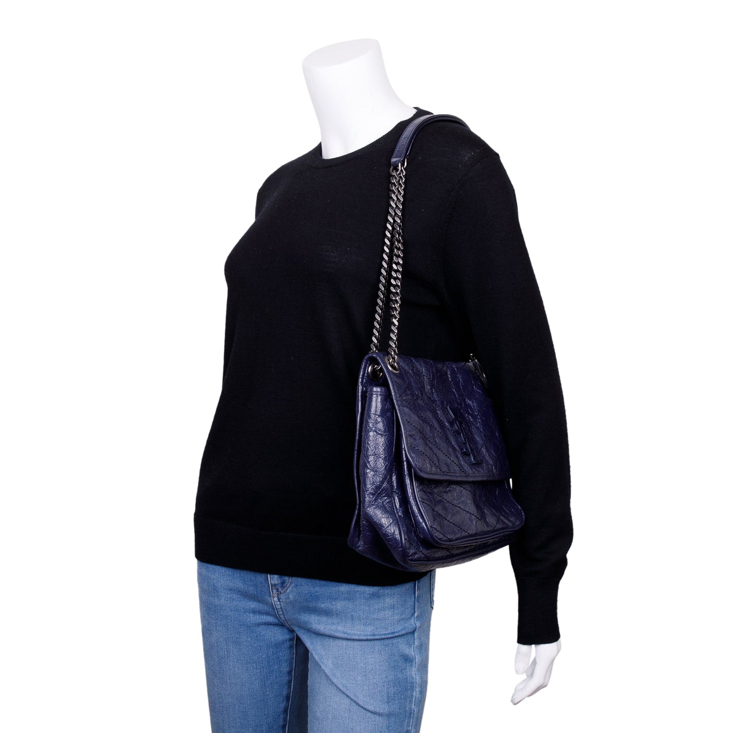 YSL Saint Laurent Navy Crinkled Calfskin Niki Shoulder Bag Leather Medium