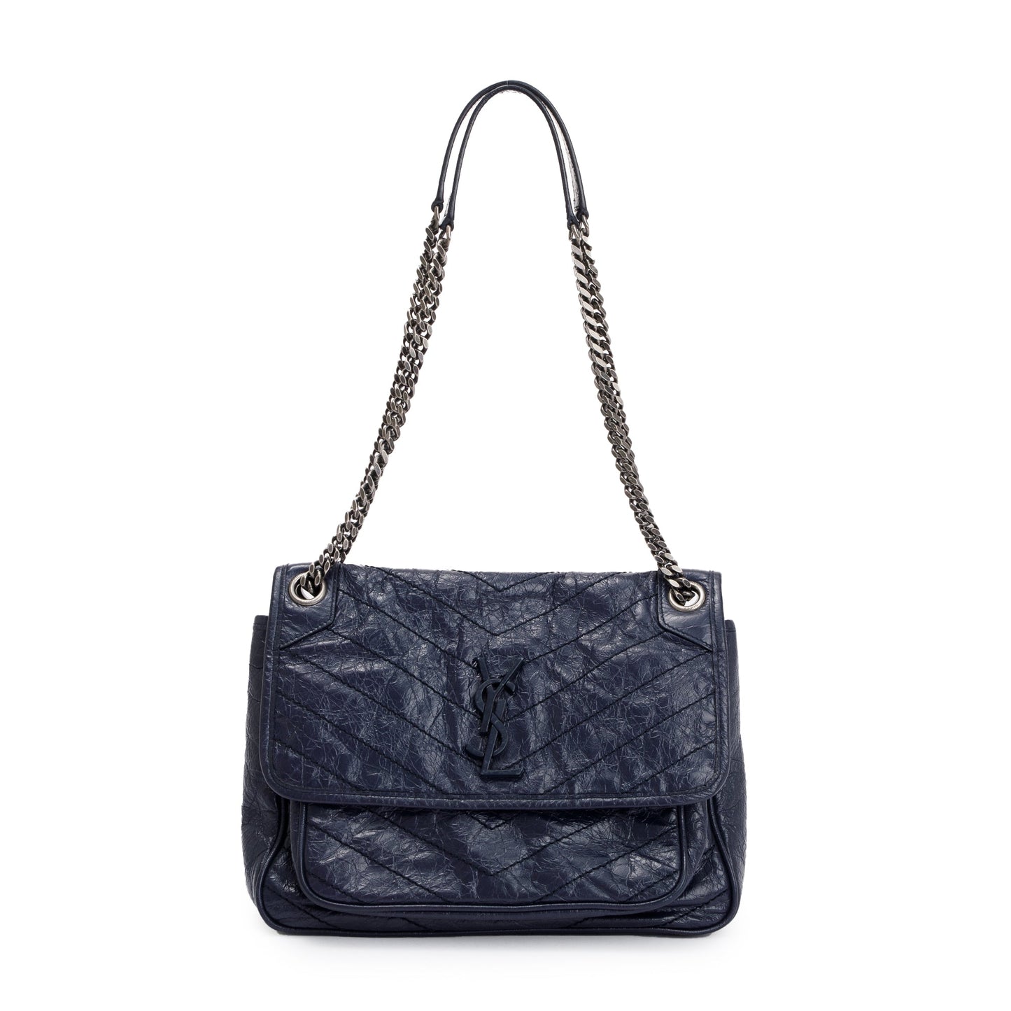 YSL Saint Laurent Navy Crinkled Calfskin Niki Shoulder Bag Leather Medium
