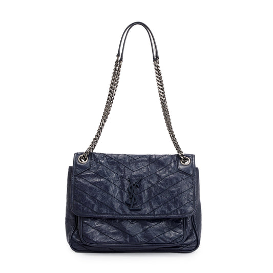 YSL Saint Laurent Navy Crinkled Calfskin Niki Shoulder Bag Leather Medium