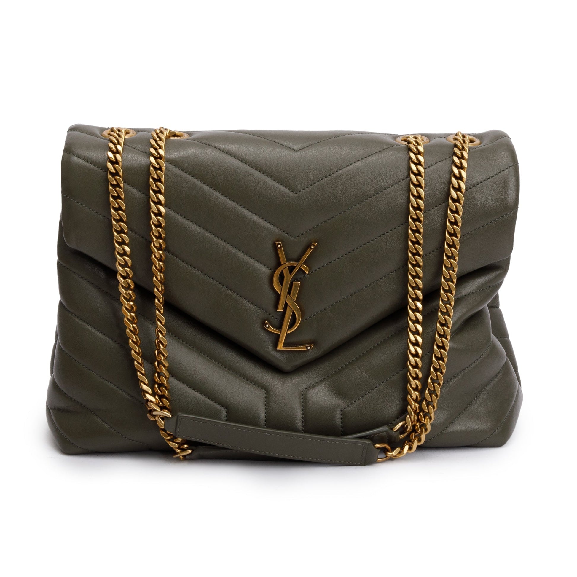 YSL Saint Laurent Olive Green Medium Loulou Shoulder Bag Leather Quilted