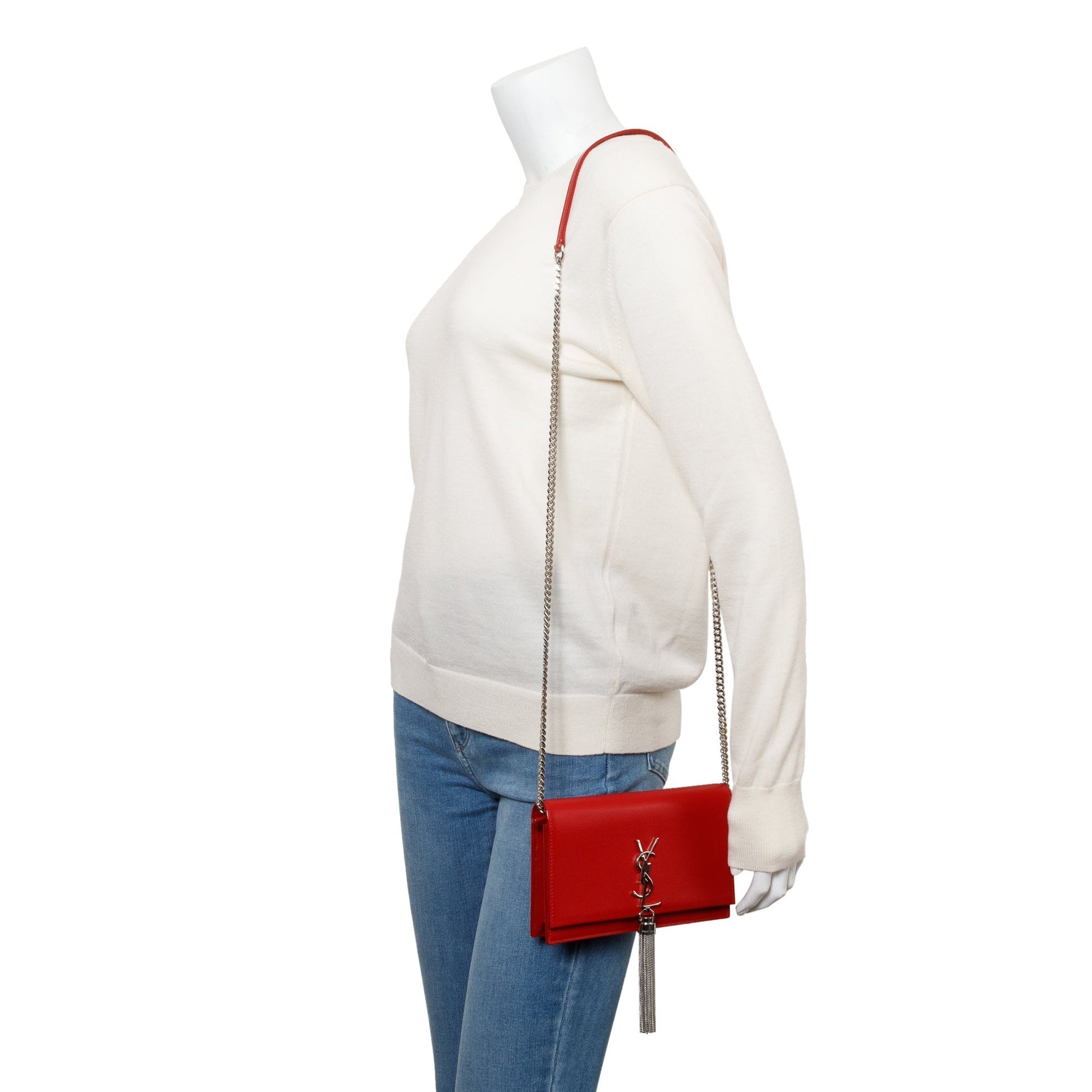YSL Saint Laurent Grain De Poudre Kate Tassel Wallet On Leather Red Crossbody Bag