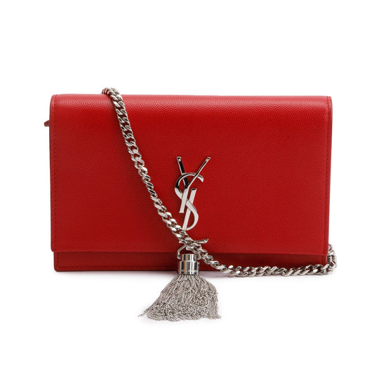 YSL Saint Laurent Grain De Poudre Kate Tassel Wallet On Leather Red Crossbody Bag