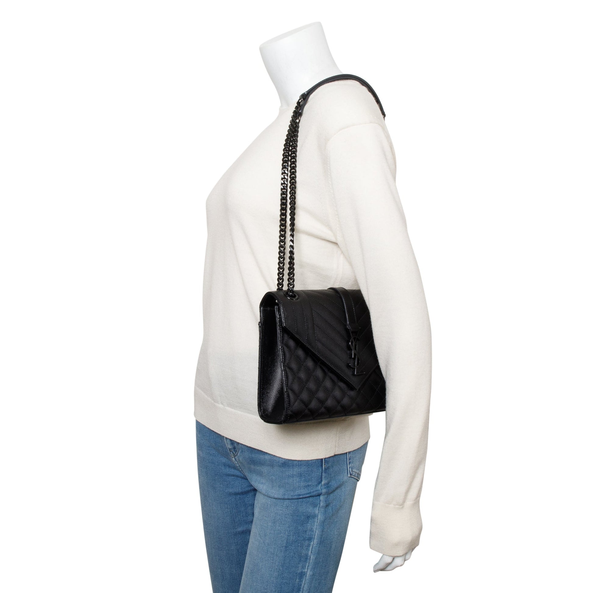 YSL Saint Laurent So Grained De Poudre Envelope Shoulder Bag Black Medium