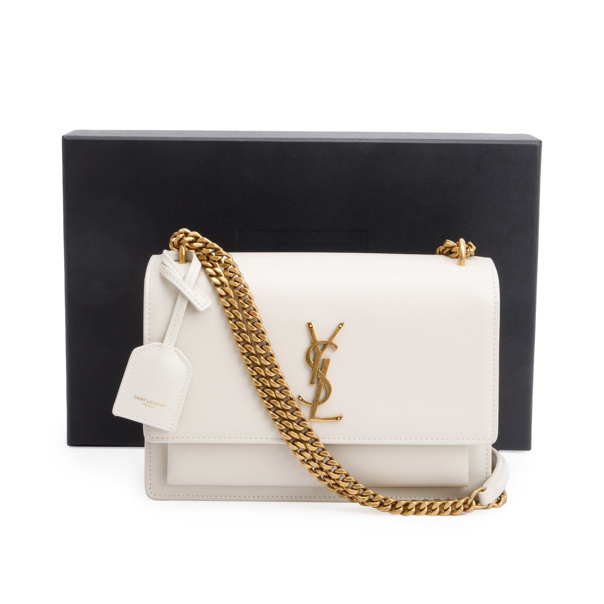 YSL Saint Laurent Calfskin Sunset Shoulder Bag Leather White