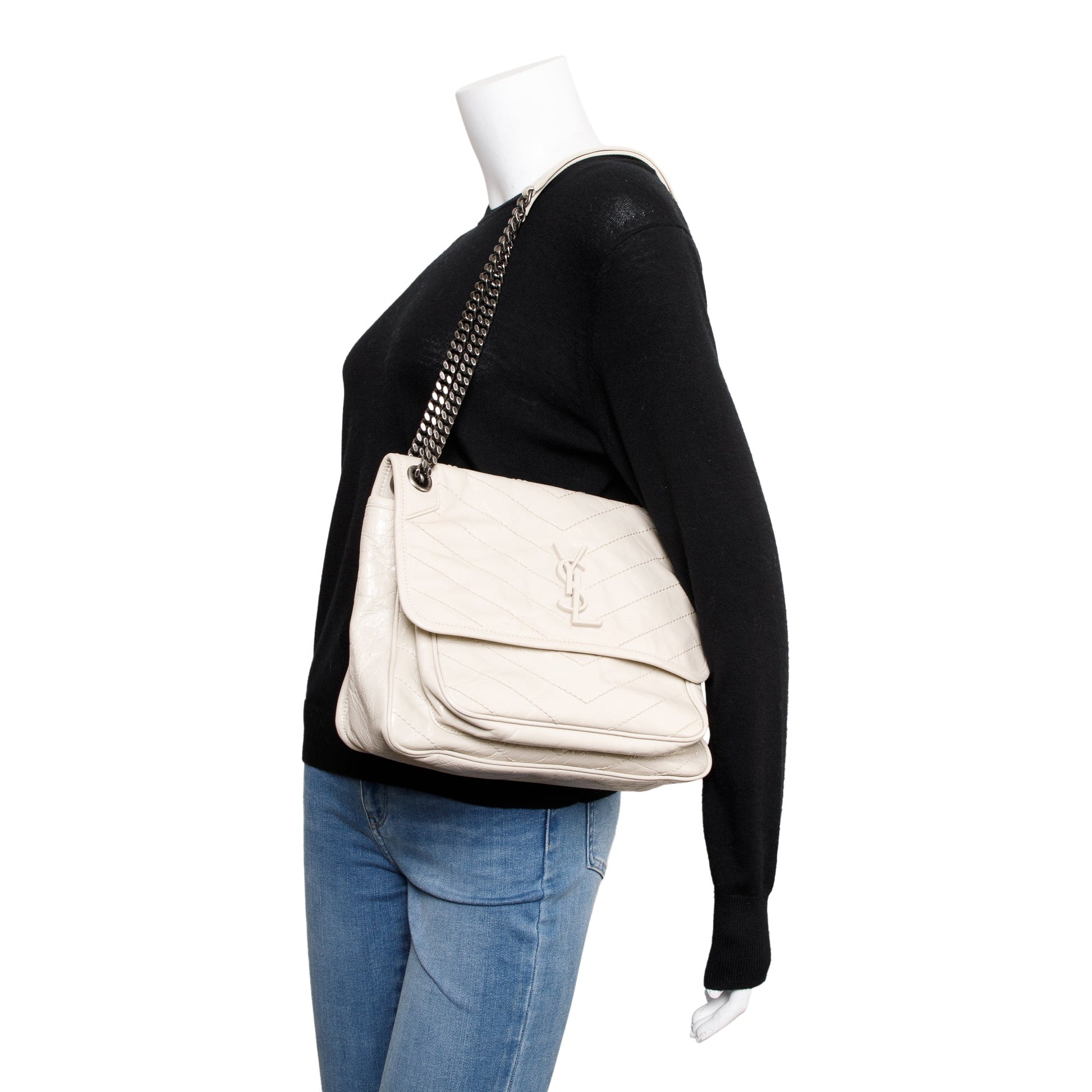 YSL Saint Laurent Crinkled Calfskin Niki Shoulder Bag Leather White