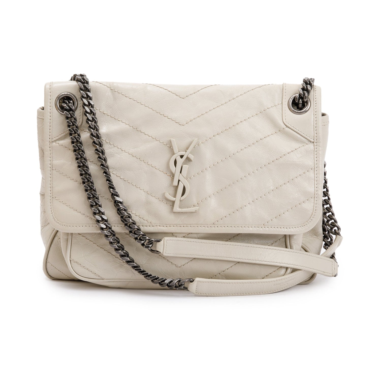 YSL Saint Laurent Crinkled Calfskin Niki Shoulder Bag Leather White