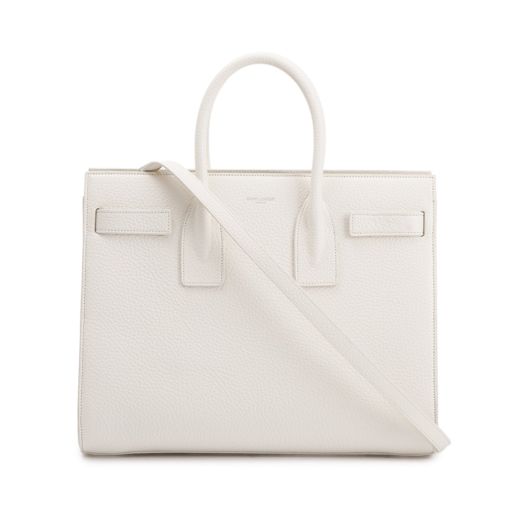 YSL Saint Laurent Grained Calfskin Sac De Jour Travel Bag White Small