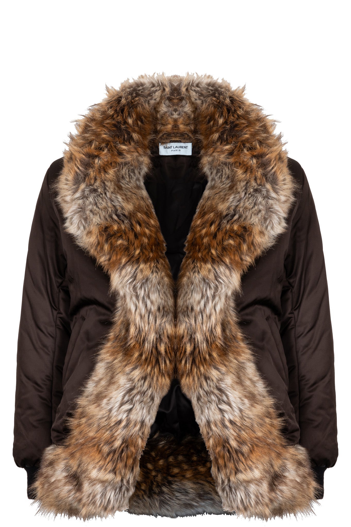 YSL Saint Laurent Faux Fur Collar Bomber Jacket Brown Handbag