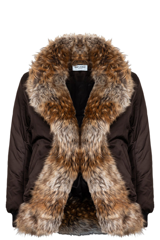 YSL Saint Laurent Faux Fur Collar Bomber Jacket Brown Handbag