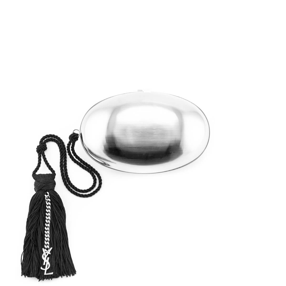 YSL Saint Laurent Trending Brass Oval Minaudiere Travel Bag Silver Logo