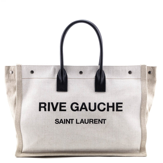 YSL Saint Laurent Saint Laurent Trending Linen And Rive Gauche Leather White Tote Bag