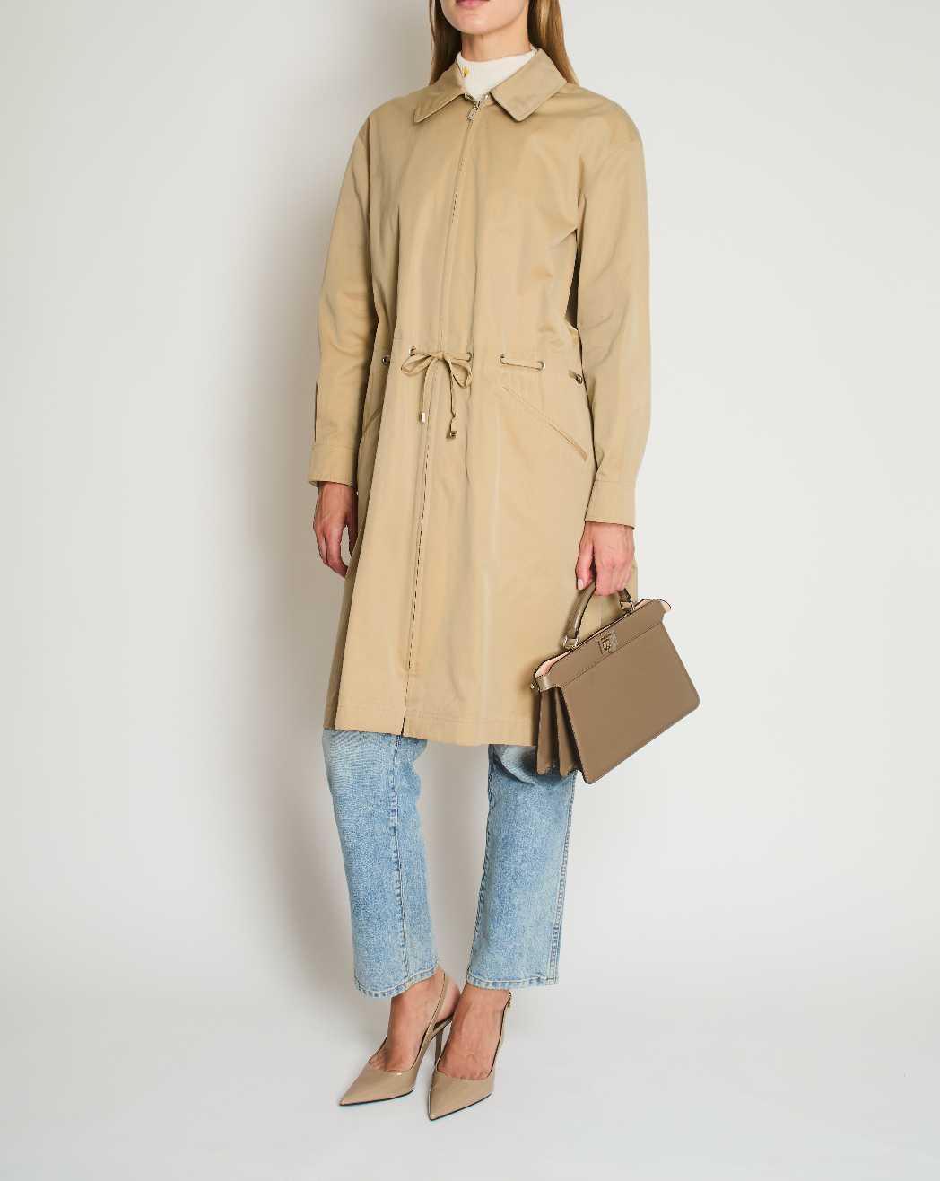 Chanel Beige Cotton Long Line Belted Trench Coat with Collar and Silver Logo Zip Size FR 40 (UK 12)