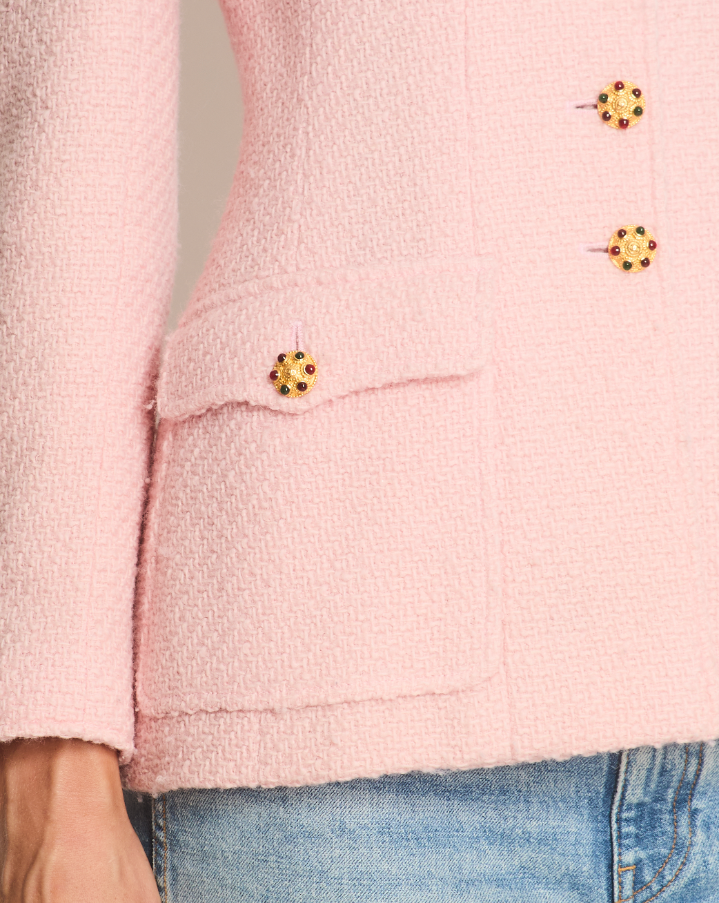 Chanel 96/A Pastel Pink Tweed Jacket with Gold Gripoix Buttons and Pocket Details FR 38 (UK 10)