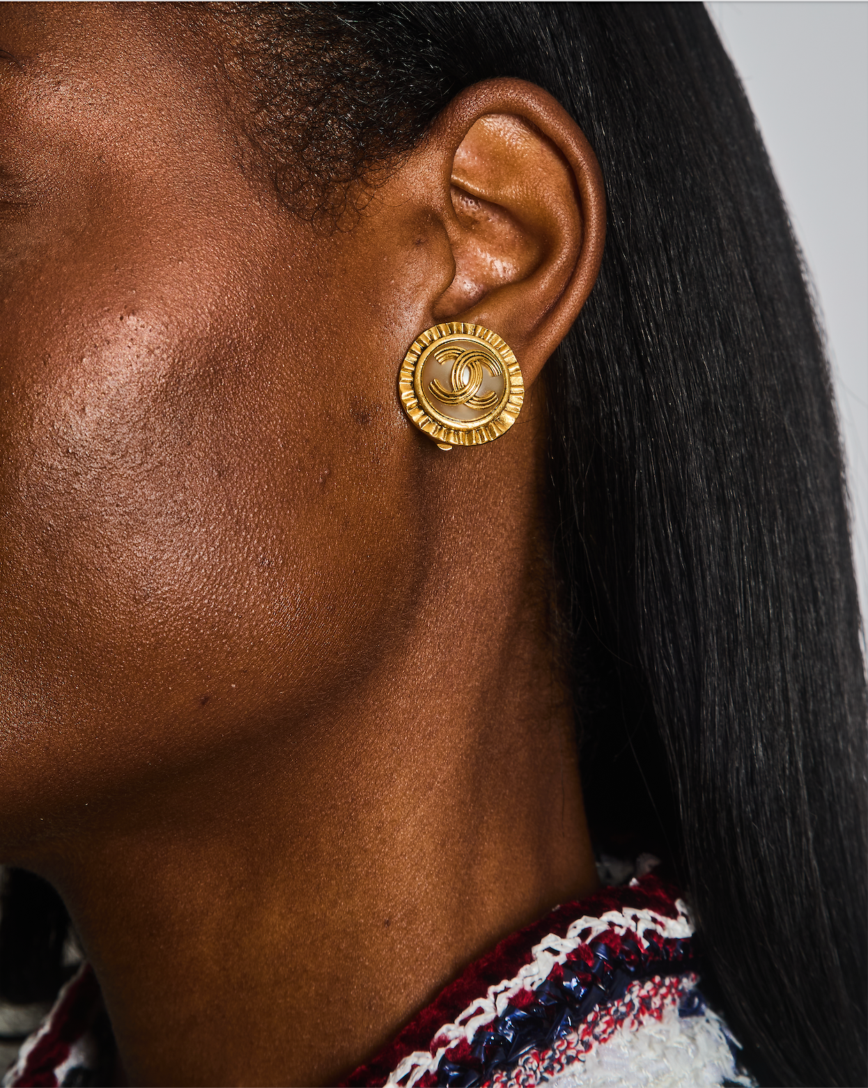 Chanel Mother of Pearl and Gold Clip on Earrings with Rouched Border Detail and CC Logo Jewelry