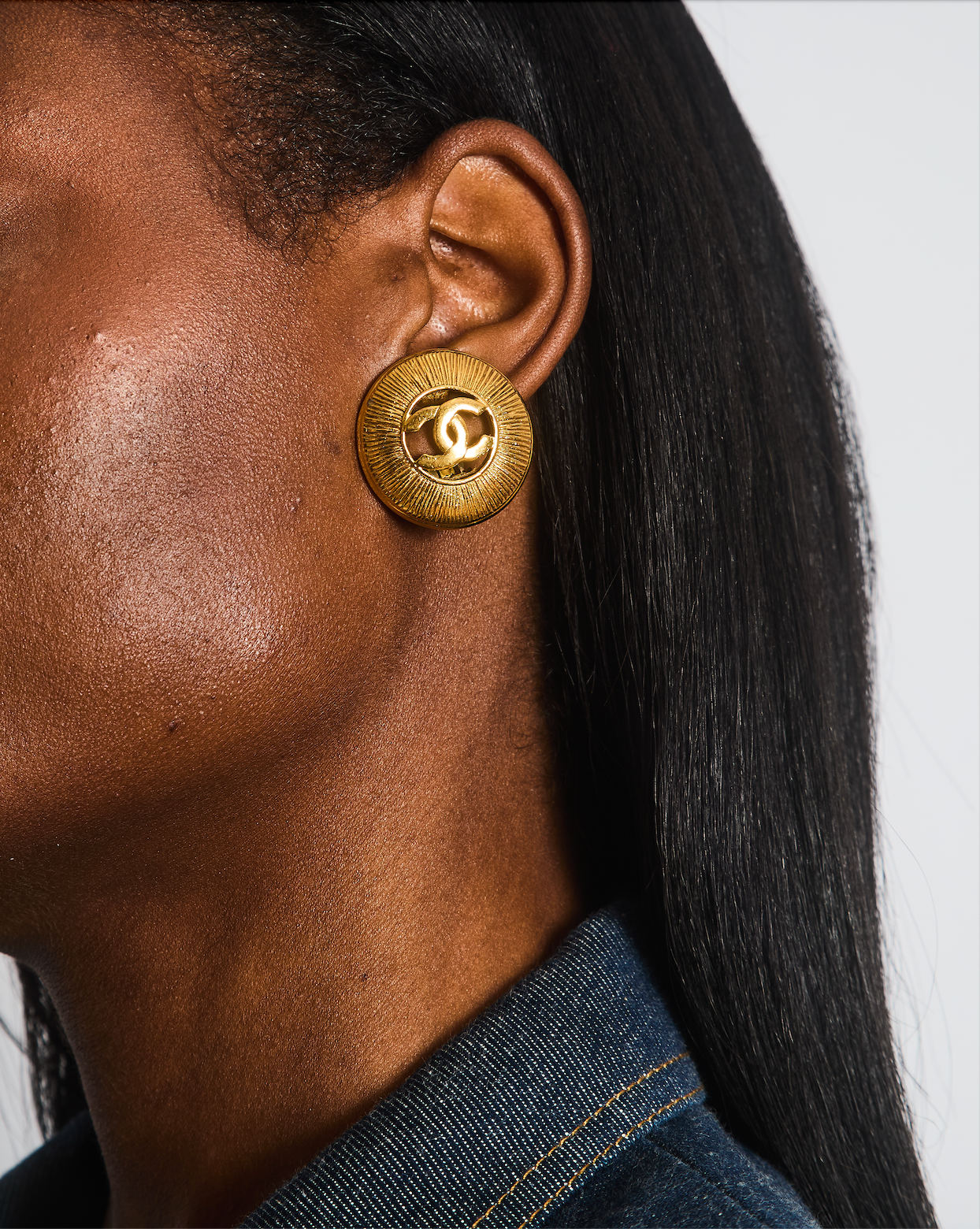 Chanel Gold Large Round Button Clip On Earrings with Striped Detail and CC Logo Jewelry