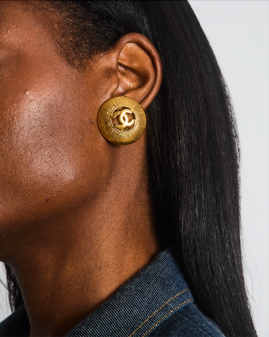 Chanel Gold Large Round Button Clip On Earrings with Striped Detail and CC Logo Jewelry