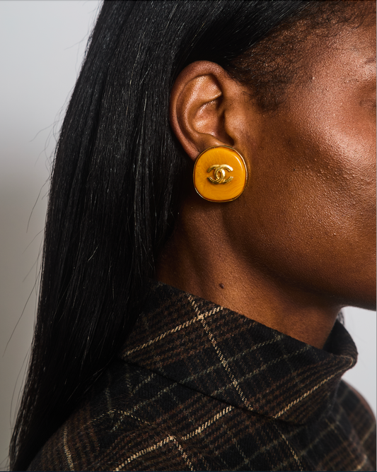 Chanel Orange Rounded Clip On Earrings with Gold Rim and CC Logo Detail Jewelry