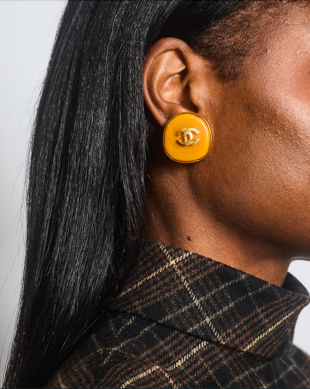 Chanel Orange Rounded Clip On Earrings with Gold Rim and CC Logo Detail Jewelry