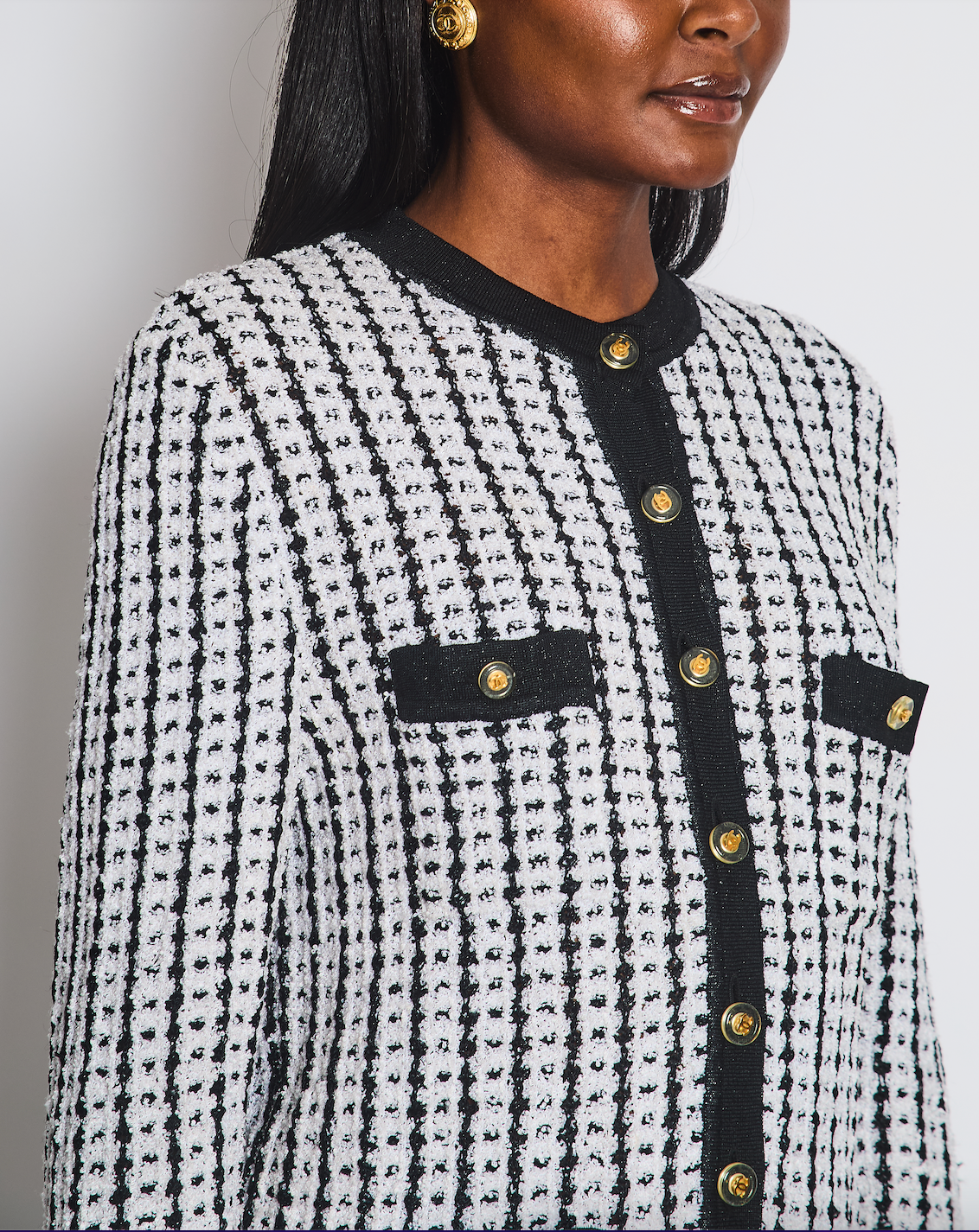 Chanel Spring 1997 Black and White Cardigan with Gold and Transparent CC Buttons Detail Size FR 38 (UK 10) Apparel