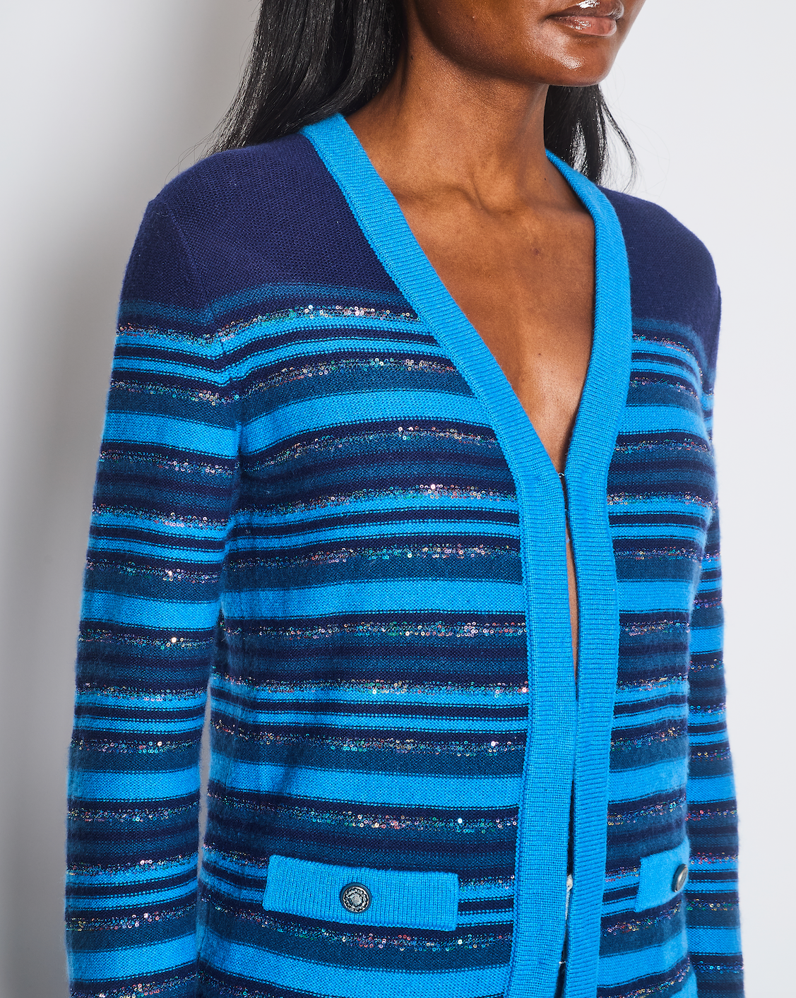 Chanel Blue and Navy Cashmere Striped Long Cardigan with Multicolour Sequins Detail and Silver Camelia CC Buttons Size FR 36 (UK 8) Apparel