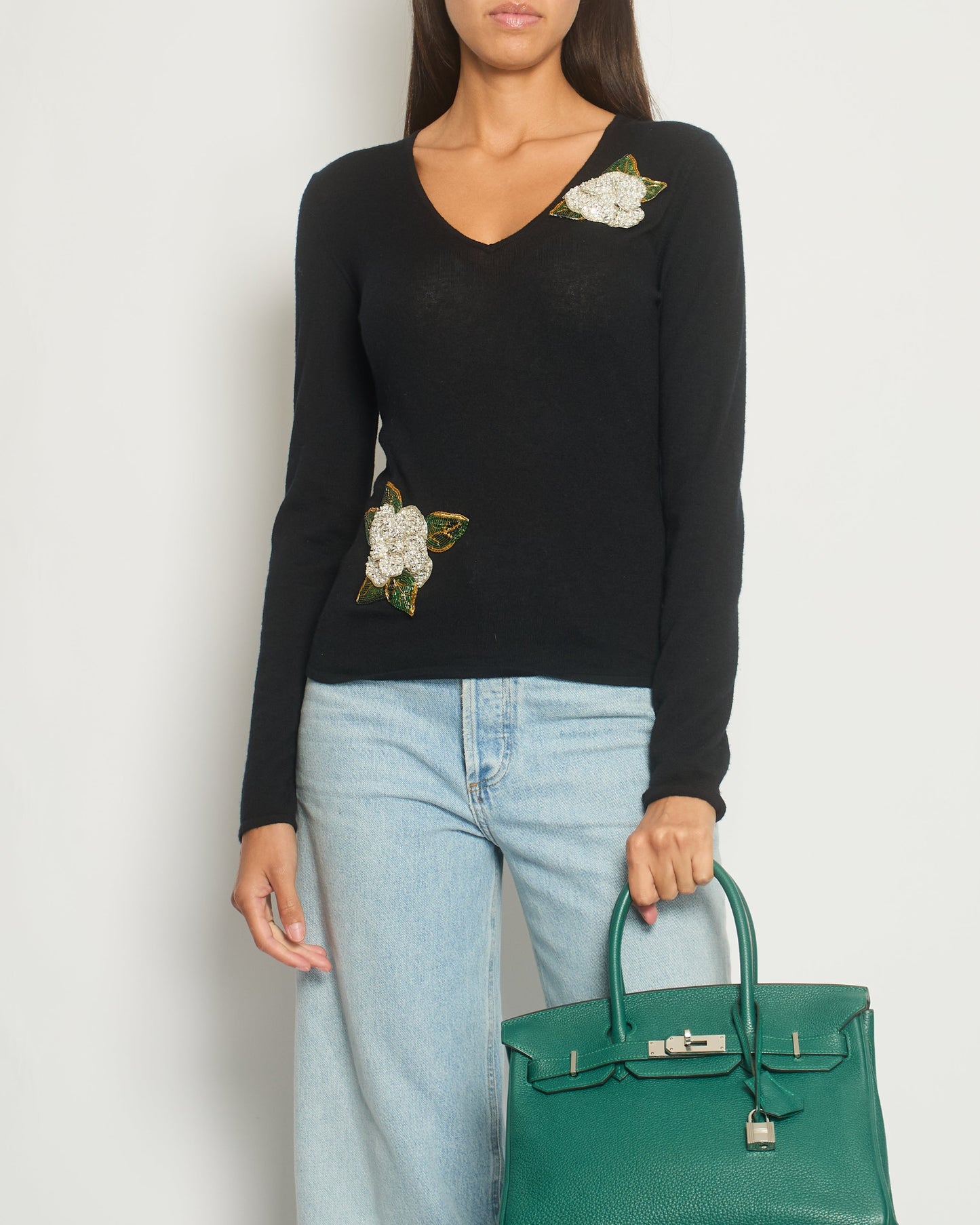 Chanel Black Cashmere V-Neck Jumper with Embellished Flowers FR 38 (UK 10) Accessory