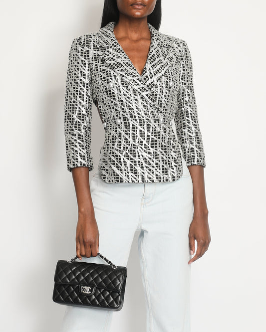 Chanel Spring 2012 Black & White Checked Tweed Backless Jacket with Silver Screen Print and Pearl Belt at the Back Size FR 34 (UK 4)
