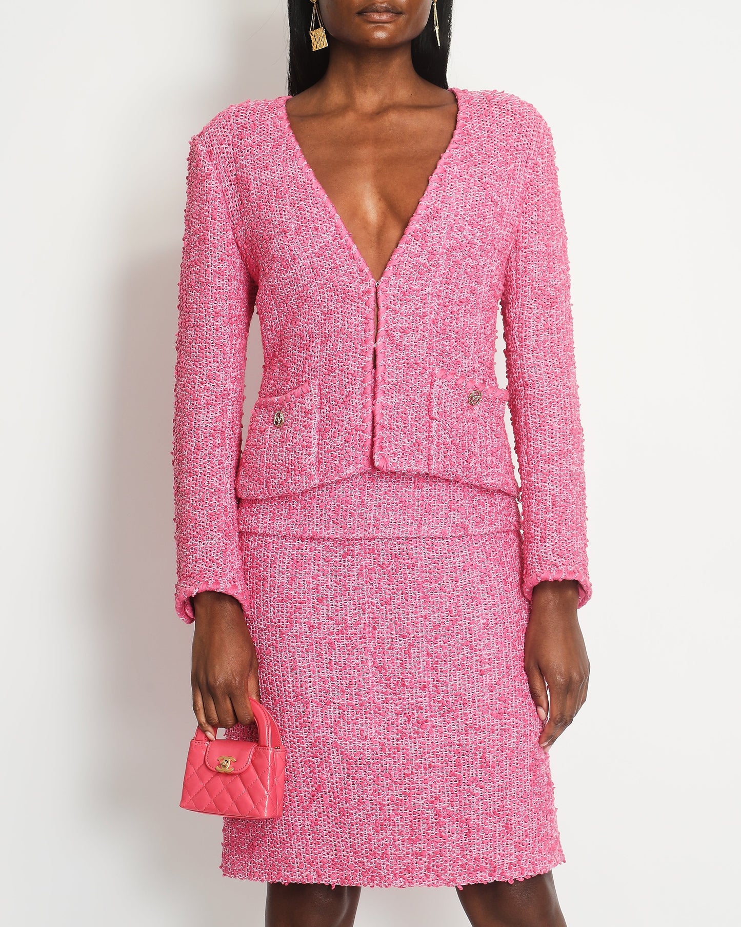 Chanel *HOT* Pink Tweed Jacket and Skirt Set with CC Logo Buttons Size FR 42 (UK 14)