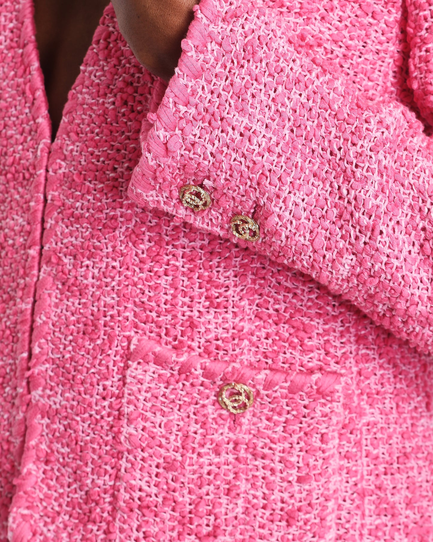 Chanel *HOT* Pink Tweed Jacket and Skirt Set with CC Logo Buttons Size FR 42 (UK 14)