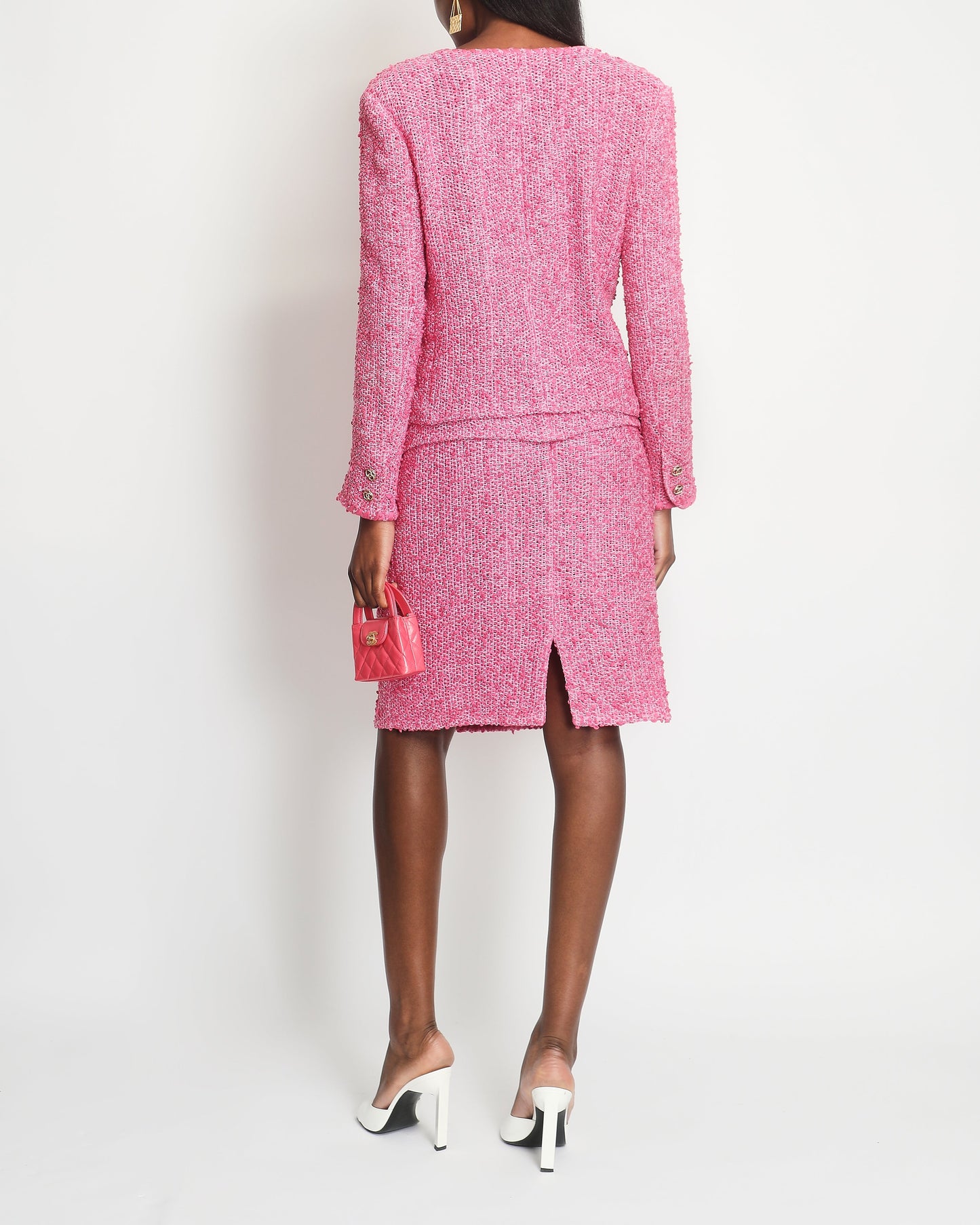 Chanel *HOT* Pink Tweed Jacket and Skirt Set with CC Logo Buttons Size FR 42 (UK 14)