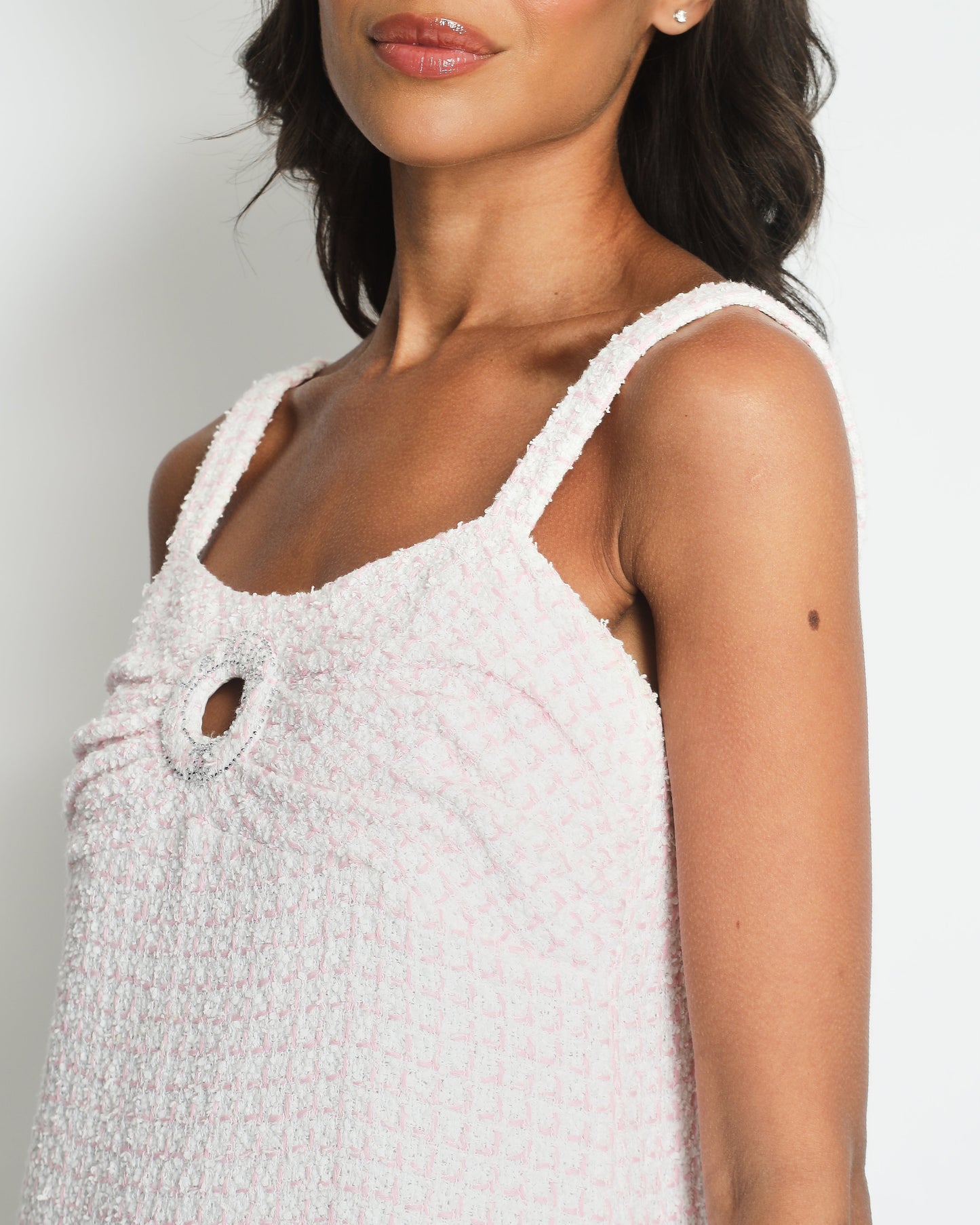 Chanel Pink & White La Pausa Tweed Mini Sleeveless Dress with Crystal Logo Detail Size FR 36 (UK 8)