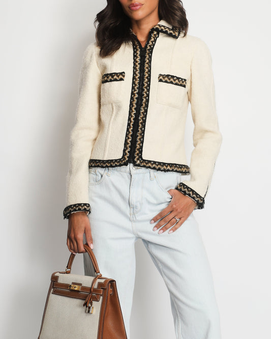 Chanel 1996 Cream Mark Tweed Jacket with Brown, White Trim Detail Size FR 38 (UK 10)