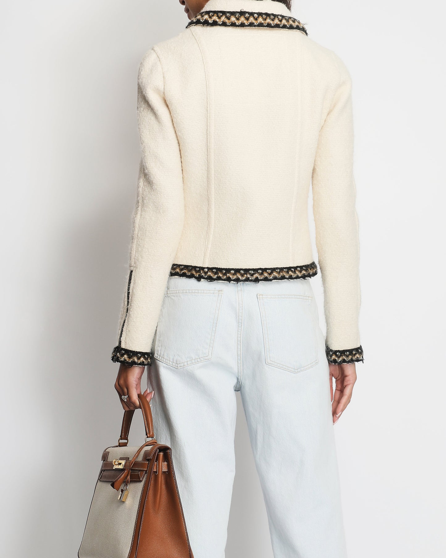 Chanel 1996 Cream Mark Tweed Jacket with Brown, White Trim Detail Size FR 38 (UK 10)