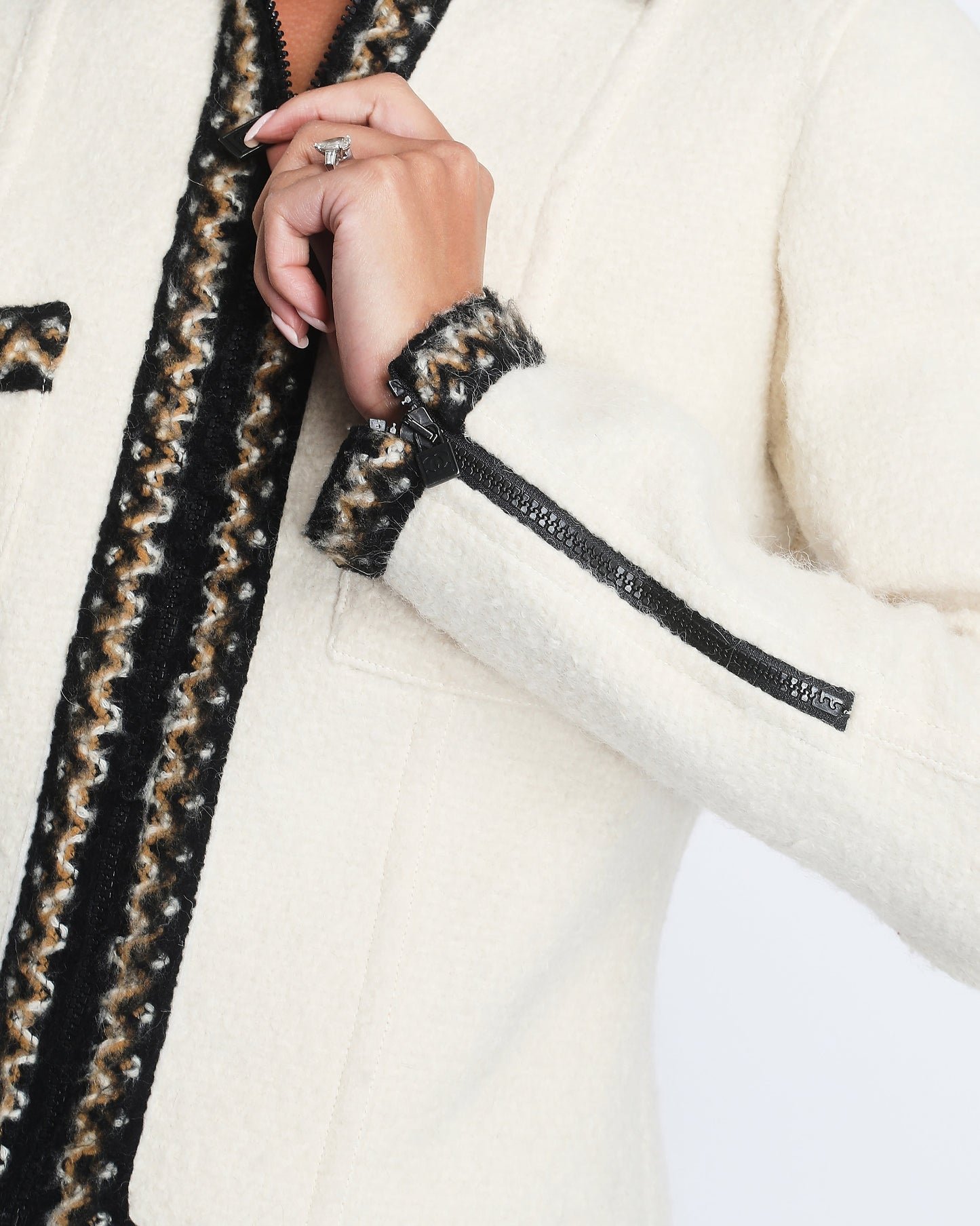 Chanel 1996 Cream Mark Tweed Jacket with Brown, White Trim Detail Size FR 38 (UK 10)