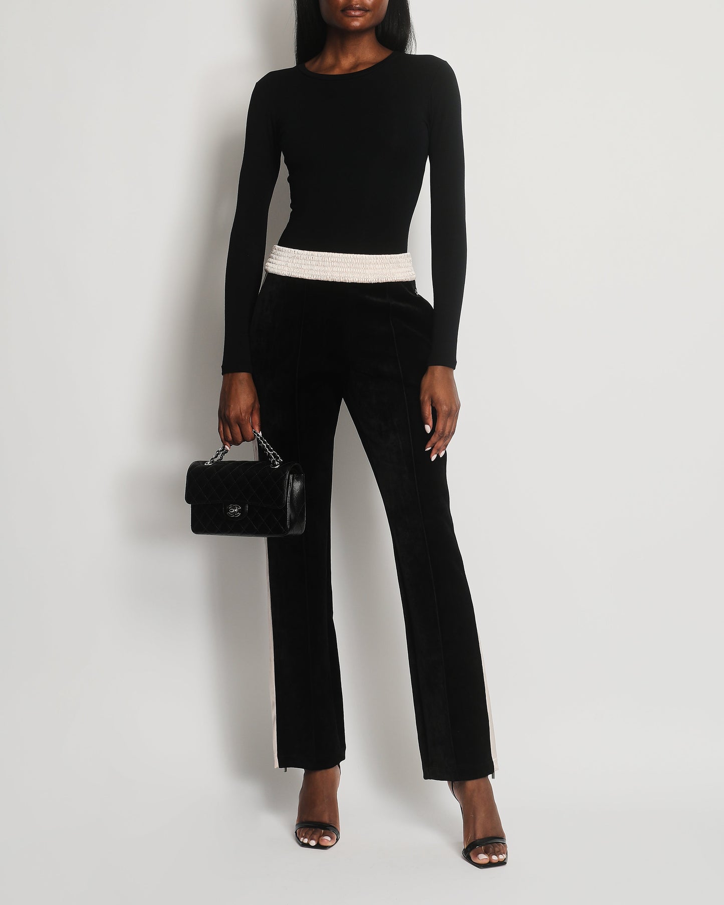 Chanel Black Velvet & Cream Satin Tracksuit Tro rs with Elasticated Waist, Logo & Zips Detail Size FR 38 (UK 10) Accessory