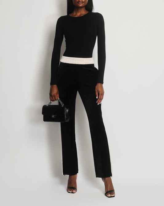 Chanel Black Velvet & Cream Satin Tracksuit Tro rs with Elasticated Waist, Logo & Zips Detail Size FR 38 (UK 10) Accessory