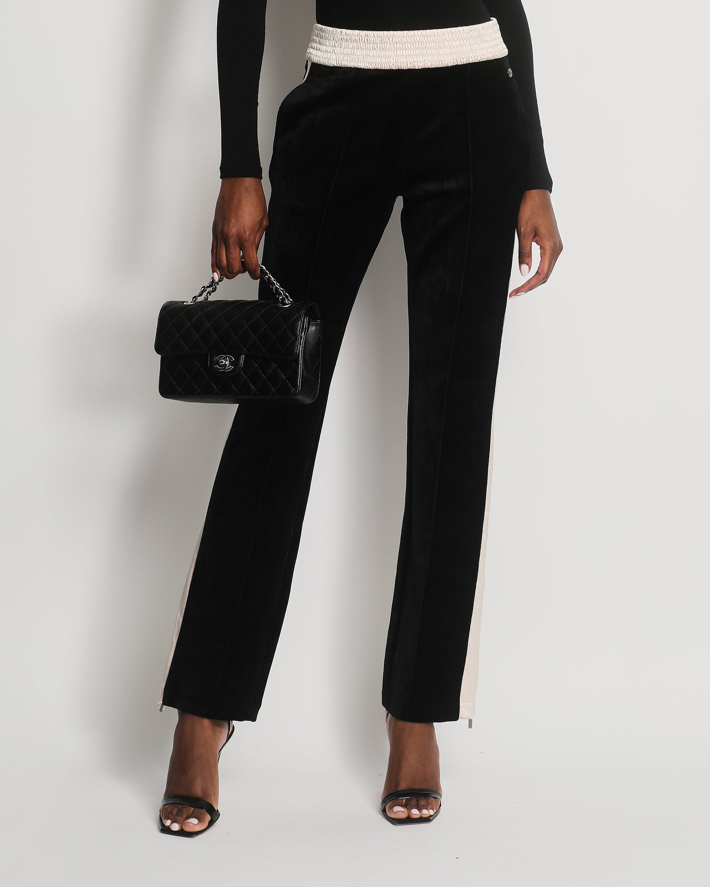 Chanel Black Velvet & Cream Satin Tracksuit Tro rs with Elasticated Waist, Logo & Zips Detail Size FR 38 (UK 10) Accessory