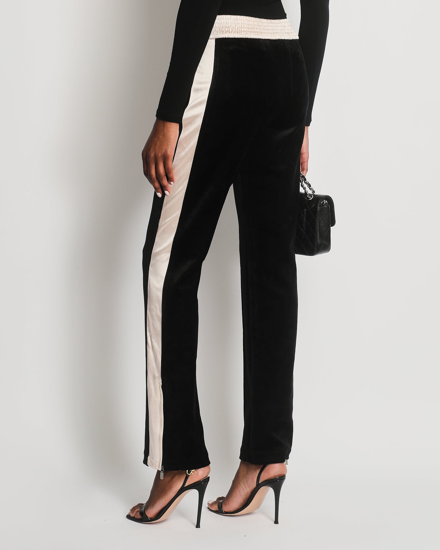Chanel Black Velvet & Cream Satin Tracksuit Tro rs with Elasticated Waist, Logo & Zips Detail Size FR 38 (UK 10) Accessory