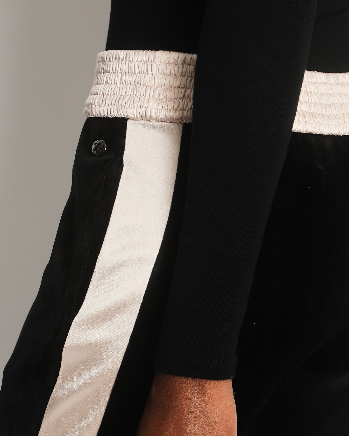 Chanel Black Velvet & Cream Satin Tracksuit Tro rs with Elasticated Waist, Logo & Zips Detail Size FR 38 (UK 10) Accessory