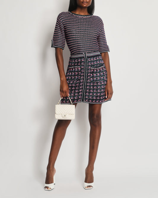 Chanel Black, Pink and Green Tweed Top and Mini Skirt Set with Metallic Fibres Size FR 38 (UK 10)