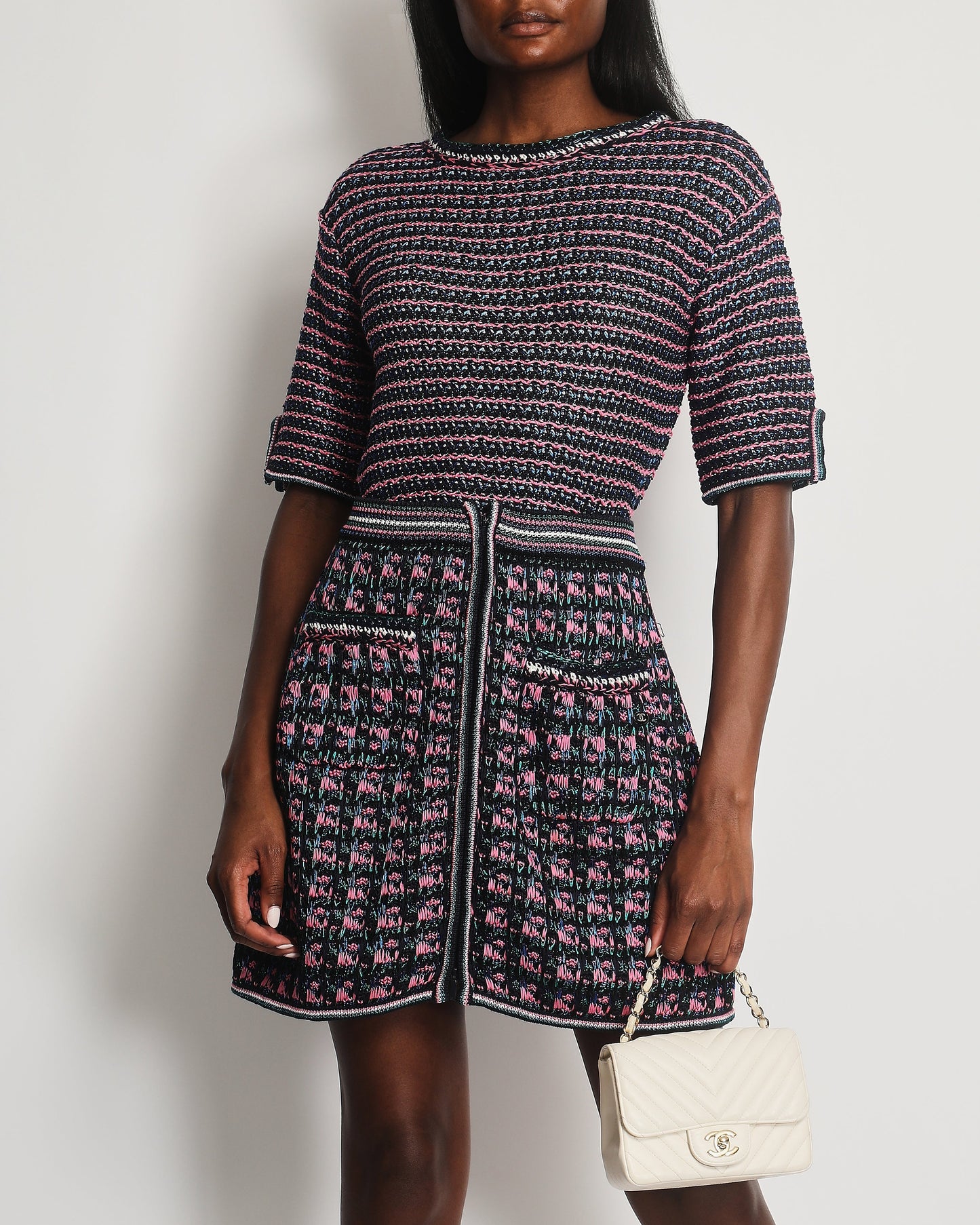 Chanel Black, Pink and Green Tweed Top and Mini Skirt Set with Metallic Fibres Size FR 38 (UK 10)